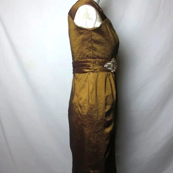 Badgley Mischka Cocktail Dress Metallic Bronze Crepe Rhinestone Evening Size 8 … - Picture 3 of 11